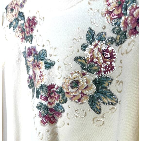 Vintage 80s Floral V Sweatshirt, Size L - Picture 3 of 5